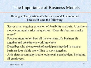 The Importance of Business Models
    Having a clearly articulated business model is important
                 because it does the following:

• Serves as an ongoing extension of feasibility analysis. A business
  model continually asks the question, “Does this business make
  sense?”
• Focuses attention on how all the elements of a business fit
  together and constitute a working whole.
• Describes why the network of participants needed to make a
  business idea viable are willing to work together.
• Articulates a company’s core logic to all stakeholders, including
  all employees.
                                                                6-7
   ©2010 Prentice Hall
 