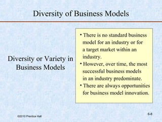 Diversity of Business Models

                            • There is no standard business
                              model for an industry or for
                              a target market within an
Diversity or Variety in       industry.
                            • However, over time, the most
  Business Models             successful business models
                              in an industry predominate.
                            • There are always opportunities
                              for business model innovation.


                                                          6-8
   ©2010 Prentice Hall
 