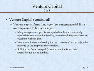 Venture Capital 
2 of 3 
• Venture Capital (continued) 
– Venture capital firms fund very few entrepreneurial firms 
in comparison to business angels. 
• Many entrepreneurs get discouraged when they are repeatedly 
rejected for venture capital funding, even though they may have an 
excellent business plan. 
• Venture capitalists are looking for the “home run” and so reject the 
majority of the proposals they consider. 
• Still, for the firms that qualify, venture capital is a viable 
alternative for equity funding. 
©2010 Prentice Hall 10-19 
 