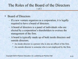 The Roles of the Board of the Directors
                                            1 of 2


• Board of Directors
    – If a new venture organizes as a corporation, it is legally
      required to have a board of directors.
    – A board of directors is a panel of individuals who are
      elected by a corporation’s shareholders to oversee the
      management of the firm.
    – A board is typically made up of both inside directors and
      outside directors.
          • An inside director is a person who is also an officer of the firm.
          • An outside director is someone who is not employed by the firm.



 Copyright ©2012 Pearson Education, Inc. publishing as Prentice Hall         9-15
 