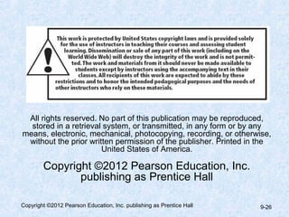All rights reserved. No part of this publication may be reproduced,
  stored in a retrieval system, or transmitted, in any form or by any
means, electronic, mechanical, photocopying, recording, or otherwise,
 without the prior written permission of the publisher. Printed in the
                       United States of America.

        Copyright ©2012 Pearson Education, Inc.
               publishing as Prentice Hall

Copyright ©2012 Pearson Education, Inc. publishing as Prentice Hall   9-26
 