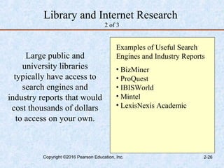 Library and Internet Research
2 of 3
Large public and
university libraries
typically have access to
search engines and
industry reports that would
cost thousands of dollars
to access on your own.
Examples of Useful Search
Engines and Industry Reports
• BizMiner
• ProQuest
• IBISWorld
• Mintel
• LexisNexis Academic
Copyright ©2016 Pearson Education, Inc. 2-26
 
