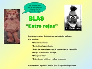 Tan alto subió Blas, que de tanto jugar con fuego, al final se quemó. Que se joda BLAS "Entre rejas" Blas fue encarcelado finalmente por sus métodos mafiosos. Se le acusó de: Ordenar asesinatos Incitación a la prostitución Controlar una reda de trata de blancas, negras y amarillas Dirigir el mercado de la droga  Blanquear dinero Extorsiones a políticos y realizar secuestros Blas se libró de la pena de muerte, pero le cayó cadena perpetua. 