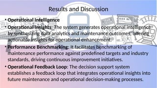 Results and Discussion
• Operational Intelligence
• Operational Insights: The system generates operational intelligence
by synthesizing data analytics and maintenance outcomes, offering
actionable insights for operational enhancement.
• Performance Benchmarking: It facilitates benchmarking of
maintenance performance against predefined targets and industry
standards, driving continuous improvement initiatives.
• Operational Feedback Loop: The decision support system
establishes a feedback loop that integrates operational insights into
future maintenance and operational decision-making processes.
 