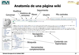 Usuario Mis controles Contenido con hiperenlaces Conversar Modificar Histórico de versiones Seguimiento Búsqueda Herramientas complementarias Anatomía de una página wiki Navegación… Lo último Mover 