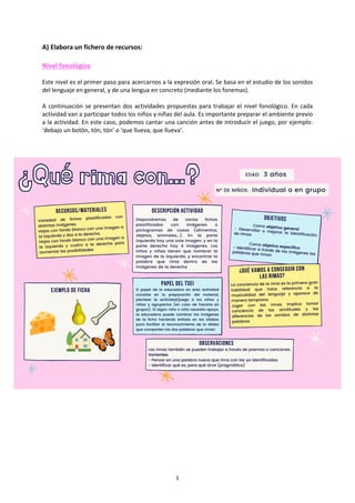 1
A) Elabora un fichero de recursos:
Nivel fonológico
Este nivel es el primer paso para acercarnos a la expresión oral. Se basa en el estudio de los sonidos
del lenguaje en general, y de una lengua en concreto (mediante los fonemas).
A continuación se presentan dos actividades propuestas para trabajar el nivel fonológico. En cada
actividad van a participar todos los niños y niñas del aula. Es importante preparar el ambiente previo
a la actividad. En este caso, podemos cantar una canción antes de introducir el juego, por ejemplo:
‘debajo un botón, tón, tón’ o ‘que llueva, que llueva’.
 
