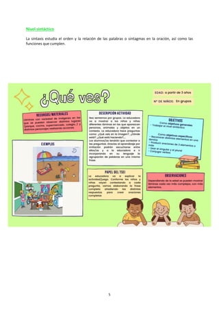 5
Nivel sintáctico
La sintaxis estudia el orden y la relación de las palabras o sintagmas en la oración, así como las
funciones que cumplen.
 