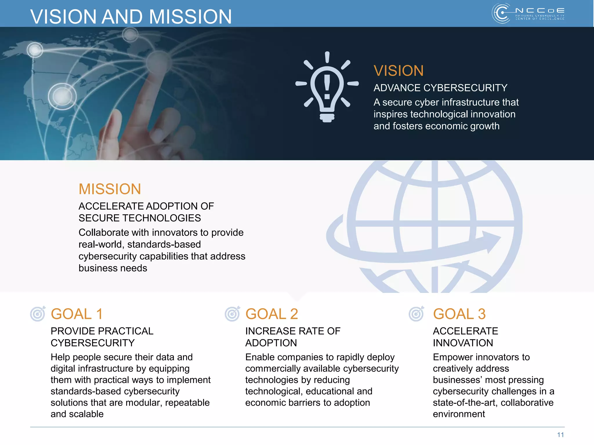 11
VISION AND MISSION
GOAL 1
PROVIDE PRACTICAL
CYBERSECURITY
Help people secure their data and
digital infrastructure by equipping
them with practical ways to implement
standards-based cybersecurity
solutions that are modular, repeatable
and scalable
VISION
ADVANCE CYBERSECURITY
A secure cyber infrastructure that
inspires technological innovation
and fosters economic growth
MISSION
ACCELERATE ADOPTION OF
SECURE TECHNOLOGIES
Collaborate with innovators to provide
real-world, standards-based
cybersecurity capabilities that address
business needs
GOAL 2
INCREASE RATE OF
ADOPTION
Enable companies to rapidly deploy
commercially available cybersecurity
technologies by reducing
technological, educational and
economic barriers to adoption
GOAL 3
ACCELERATE
INNOVATION
Empower innovators to
creatively address
businesses’ most pressing
cybersecurity challenges in a
state-of-the-art, collaborative
environment
 
