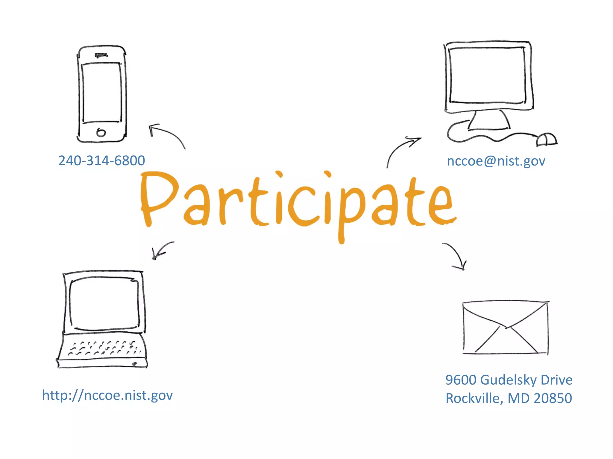 nccoe@nist.gov240-314-6800
9600 Gudelsky Drive
Rockville, MD 20850http://nccoe.nist.gov
 