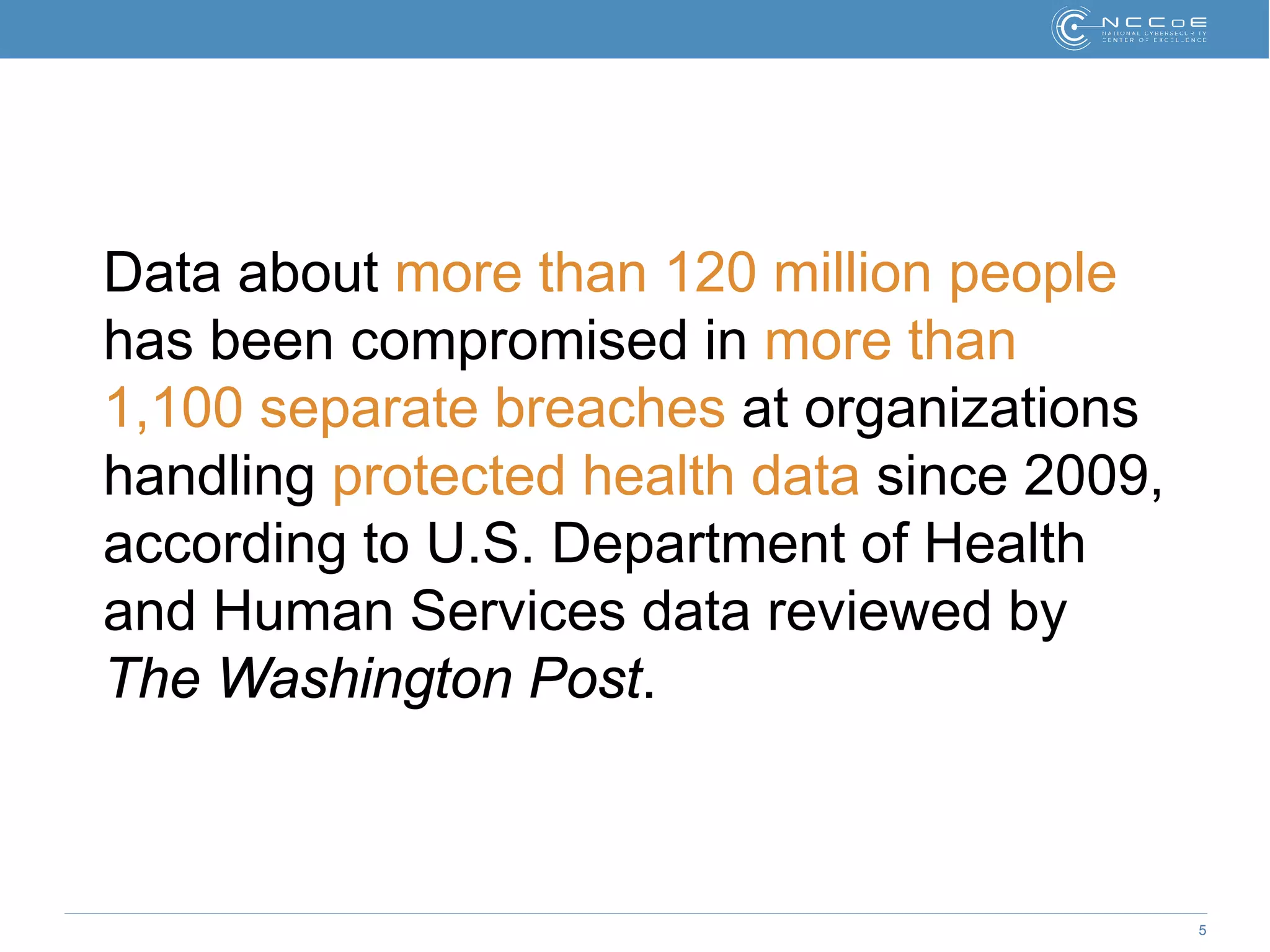 5
Data about more than 120 million people
has been compromised in more than
1,100 separate breaches at organizations
handling protected health data since 2009,
according to U.S. Department of Health
and Human Services data reviewed by
The Washington Post.
 