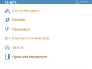 15
TENETS
Standards-based
Modular
Usable
Repeatable
Open and transparent
Commercially available
 