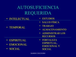 AUTOSUFICIENCIA
        REQUERIDA
• INTELECTUAL            • ESTUDIOS
                         • SALUD FÍSICA
                         • TRABAJO
• TEMPORAL
                         • ALMACENAMIENTO
                         • ADMINISTRAR LOS
                           RECURSOS
• ESPIRITUAL             • FORTALEZA
                           ESPIRITUAL,
• EMOCIONAL
                           EMOCIONAL Y
• SOCIAL                   SOCIAL
                BARRIO UNICENTRO
 