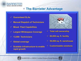 The Barrister Advantage

 Guaranteed SLAs

 Manual Dispatch of Technicians

 Mixed Fleet Capabilities

 Largest Whitespace Coverage          Total call ownership

 13,000 Technicians                   80,000 sq. ft. facility

 Global coverage                      50,000 sq. ft. warehouse

 Scalable infrastructure to enable    Customizable solutions
  rapid growth
 