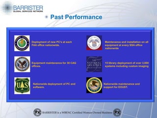 Past Performance


Deployment of new PC’s at each     Maintenance and installation on all
FAA office nationwide.             equipment at every SSA office
                                   nationwide




Equipment maintenance for 30 CAG   15 library deployment of over 3,000
offices.                           systems including custom imaging




Nationwide deployment of PC and    Nationwide maintenance and
software.                          support for EOUST.
 