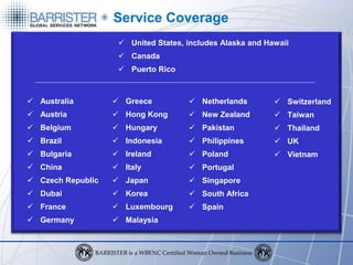 Service Coverage
                     United States, includes Alaska and Hawaii
                     Canada
                     Puerto Rico



 Australia         Greece           Netherlands          Switzerland
 Austria           Hong Kong        New Zealand          Taiwan
 Belgium           Hungary          Pakistan             Thailand
 Brazil            Indonesia        Philippines          UK
 Bulgaria          Ireland          Poland               Vietnam
 China             Italy            Portugal
 Czech Republic    Japan            Singapore
 Dubai             Korea            South Africa
 France            Luxembourg       Spain
 Germany           Malaysia
 