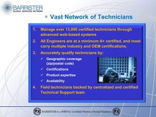 Vast Network of Technicians
1.   Manage over 13,000 certified technicians through
     advanced web-based systems
2.   All Engineers are at a minimum A+ certified, and most
     carry multiple industry and OEM certifications.
3.   Accurately qualify technicians by:
      Geographic coverage
       (zip/postal code)
      Certifications
      Product expertise
      Availability
4.   Field technicians backed by centralized and certified
     Technical Support team
 
