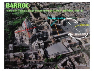 BARROC
BARROC
“Vista general de la plaça de Sant Pere del Vaticà”, BERNINI, 1656- 67
Façana basílica
Obel.lisc
Pas intermedi

columnata

 