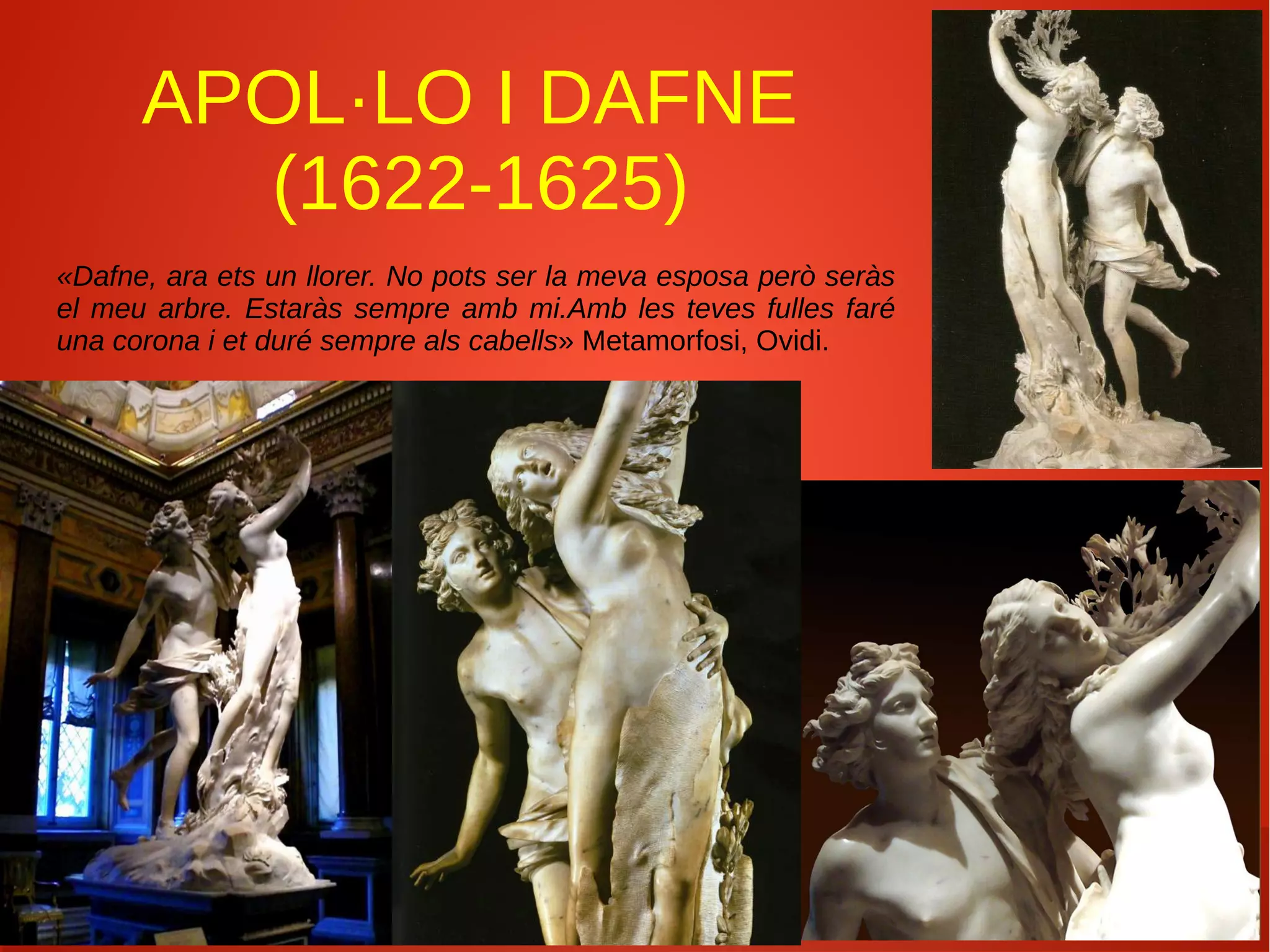 APOL·LO I DAFNE
(1622-1625)
«Dafne, ara ets un llorer. No pots ser la meva esposa però seràs
el meu arbre. Estaràs sempre amb mi.Amb les teves fulles faré
una corona i et duré sempre als cabells» Metamorfosi, Ovidi.
 