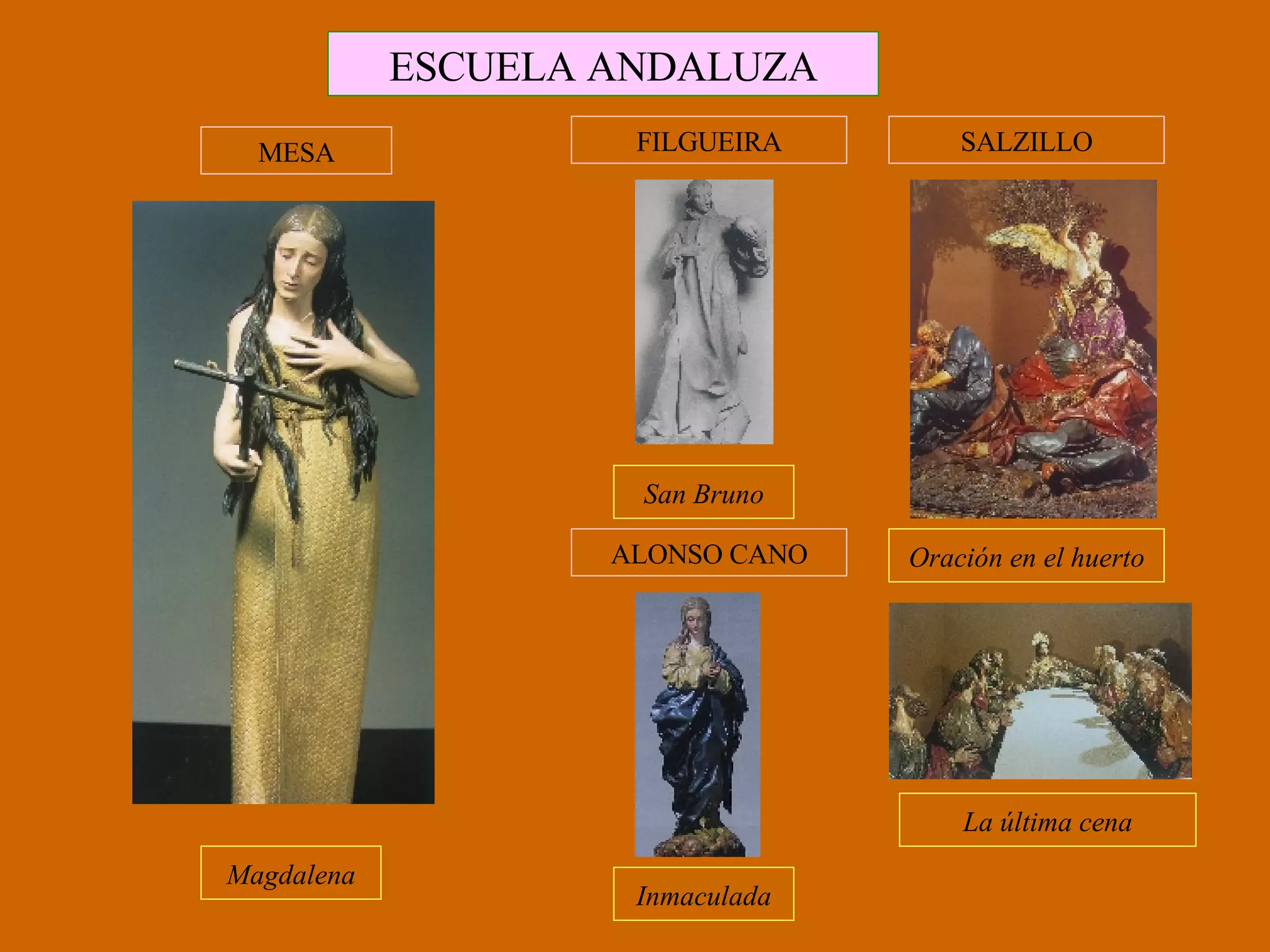 ESCUELA ANDALUZA SALZILLO ALONSO CANO FILGUEIRA Oración en el huerto La última cena San Bruno MESA Inmaculada Magdalena