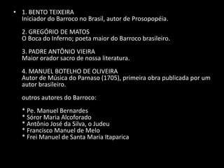 • 1. BENTO TEIXEIRA
  Iniciador do Barroco no Brasil, autor de Prosopopéia.
  2. GREGÓRIO DE MATOS
  O Boca do Inferno; poeta maior do Barroco brasileiro.
  3. PADRE ANTÔNIO VIEIRA
  Maior orador sacro de nossa literatura.
  4. MANUEL BOTELHO DE OLIVEIRA
  Autor de Música do Parnaso (1705), primeira obra publicada por um
  autor brasileiro.
  outros autores do Barroco:
  * Pe. Manuel Bernardes
  * Sóror Maria Alcoforado
  * Antônio José da Silva, o Judeu
  * Francisco Manuel de Melo
  * Frei Manuel de Santa Maria Itaparica
 