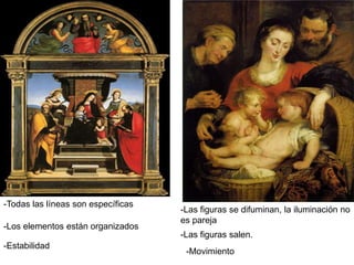 -Todas las líneas son específicas
-Las figuras se difuminan, la iluminación no
es pareja
-Las figuras salen.
-Los elementos están organizados
-Estabilidad
-Movimiento
 