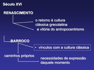 • vínculos com a cultura clássica
Século XVI
RENASCIMENTO
o retorno à cultura
clássica grecolatina
a vitória do antropocentrismo
BARROCO
caminhos próprios
necessidades de expressão
daquele momento
 