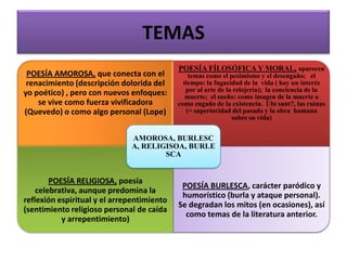 TEMAS
POESÍA AMOROSA, que conecta con el
renacimiento (descripción dolorida del
yo poético) , pero con nuevos enfoques:
se vive como fuerza vivificadora
(Quevedo) o como algo personal (Lope)
POESÍA FÍLOSÓFICA Y MORAL, aparecen
temas como el pesimismo y el desengaño; el
tiempo: la fugacidad de la vida ( hay un interés
por al arte de la relojería); la conciencia de la
muerte; el sueño: como imagen de la muerte o
como engaño de la existencia. Ubi sunt?, las ruinas
(= superioridad del pasado y la obra humana
sobre su vida)
POESÍA RELIGIOSA, poesía
celebrativa, aunque predomina la
reflexión espiritual y el arrepentimiento
(sentimiento religioso personal de caída
y arrepentimiento)
POESÍA BURLESCA, carácter paródico y
humorístico (burla y ataque personal).
Se degradan los mitos (en ocasiones), así
como temas de la literatura anterior.
AMOROSA, BURLESC
A, RELIGISOA, BURLE
SCA
 