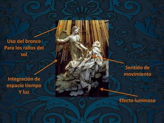 Uso del bronce
Para los rallos del
sol
Integración de
espacio tiempo
Y luz
Efecto luminoso
Sentido de
movimiento
 