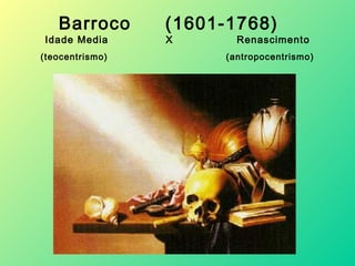 Barroco (1601-1768)
Idade Media X Renascimento
(teocentrismo) (antropocentrismo)
 