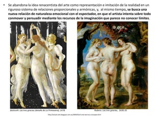 • Se abandona la idea renacentista del arte como representación e imitación de la realidad en un
riguroso sistema de relaciones proporcionales y armónicas, y, al mismo tiempo, se busca una
nueva relación de naturaleza emocional con el espectador, en que el artista intenta sobre todo
conmover y persuadir mediante los recursos de la imaginación que parece no conocer límites.
Botticelli: Las tres gracias (detalle de La Primavera), 1478 Rubens: Las tres gracias, 1630-35
http://estudi-arte.blogspot.com.es/2009/05/el-arte-barroco-concepto.html
 