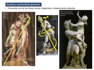 • Frecuente uso de las líneas curvas, diagonales, composiciones abiertas
Escultura, características generales
Gian Lorenzo Bernini:
El rapto de Proserpina,
1621-22
Bernini:
Apolo y
Dafne,
1622-25
Bernini:
David,
1623-24
 