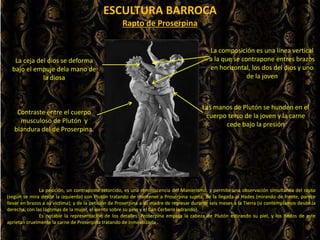 ESCULTURA BARROCA
La posición, un contraposto retorcido, es una reminiscencia del Manierismo, y permite una observación simultánea del rapto
(según se mira desde la izquierda) con Plutón tratando de mantener a Proserpina sujeta; de la llegada al Hades (mirando de frente, parece
llevar en brazos a su víctima); y de la petición de Proserpina a su madre de regresar durante seis meses a la Tierra (si contemplamos desde la
derecha, con las lágrimas de la mujer, el viento sobre su pelo y el Can Cerbero ladrando).
Es notable la representación de los detalles: Proserpina empuja la cabeza de Plutón estirando su piel, y los dedos de este
aprietan cruelmente la carne de Proserpina tratando de inmovilizarla .
Rapto de Proserpina
La ceja del dios se deforma
bajo el empuje dela mano de
la diosa
La composición es una línea vertical
a la que se contrapone entres brazos
en horizontal, los dos del dios y uno
de la joven
Las manos de Plutón se hunden en el
cuerpo terso de la joven y la carne
cede bajo la presión
Contraste entre el cuerpo
musculoso de Plutón y
blandura del de Proserpina.
 