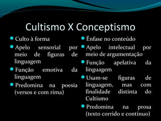 Cultismo X Conceptismo
Culto à forma
Apelo sensorial por
meio de figuras de
linguagem
Função emotiva da
linguagem
Predomina na poesia
(versos e com rima)
Ênfase no conteúdo
Apelo intelectual por
meio de argumentação
Função apelativa da
linguagem
Usam-se figuras de
linguagem, mas com
finalidade distinta do
Cultismo
Predomina na prosa
(texto corrido e contínuo)
 