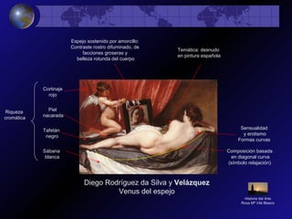 Diego Rodríguez da Silva y Velázquez
Venus del espejo
Composición basada
en diagonal curva
(símbolo relajación)
Temática: desnudo
en pintura española
Sensualidad
y erotismo
Formas curvas
Riqueza
cromática
Cortinaje
rojo
Piel
nacarada
Tafetán
negro
Sábana
blanca
Espejo sostenido por amorcillo:
Contraste rostro difuminado, de
facciones groseras y
belleza rotunda del cuerpo
Historia del Arte
Rosa Mª Vilá Blasco
 