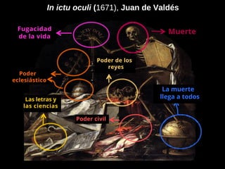 In ictu oculi (1671), Juan de Valdés
Fugacidad
de la vida
Muerte
La muerte
llega a todos
Poder
eclesiástico
Poder de los
reyes
Poder civil
Las letras y
las ciencias
 