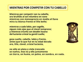 Mientras por competir con tu cabello,
oro bruñido al sol relumbra en vano
mientras con menosprecio en medio el llano
mira tu blanca frente el lilio bello;
mientras a cada labio, por cogello,
siguen más ojos que al clavel temprano;
y mientras triunfa con desdén lozano
del luciente cristal tu gentil cuello;
goza cuello, cabello, labio y frente,
antes que lo que fue en tu edad dorada
oro, lilio, clavel, cristal luciente,
no sólo en plata o vïola troncada
se vuelva, mas tú y ello juntamente
en tierra, en humo, en polvo, en sombra, en nada.
MIENTRAS POR COMPETIR CON TU CABELLO
 