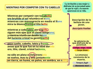 Mientras por competir con tu cabello,
oro bruñido al sol relumbra en vano,
mientras con menosprecio en medio el llano
mira tu blanca frente el lilio bello;
mientras a cada labio, por cogello,
siguen más ojos que al clavel temprano;
y mientras triunfa con desdén lozano
del luciente cristal tu gentil cuello;
goza cuello, cabello, labio y frente,
antes que lo que fue en tu edad dorada
oro, lilio, clavel, cristal luciente,
no sólo en plata o vïola troncada
se vuelva, mas tu y ello juntamente
en tierra, en humo, en polvo, en sombra, en nada.
Descripción de la
belleza de una
joven.
Descriptio Puellae
MIENTRAS POR COMPETIR CON TU CABELLO
Se advierte de
que disfrute de la
juventud.
La amenaza
constante de la
muerte,
Collige, virgo, rosas
Carpe Diem
Tempus fugit
Memento mori
La invitación a una mujer a
disfrutar de su juventud antes
de que la vejez y la muerte
aparezcan en su vida.
 