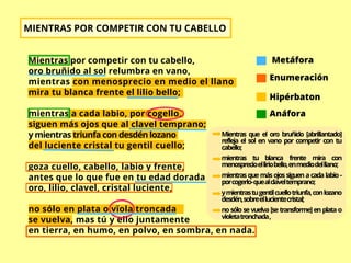 Mientras por competir con tu cabello,
oro bruñido al sol relumbra en vano,
mientras con menosprecio en medio el llano
mira tu blanca frente el lilio bello;
mientras a cada labio, por cogello,
siguen más ojos que al clavel temprano;
y mientras triunfa con desdén lozano
del luciente cristal tu gentil cuello;
goza cuello, cabello, labio y frente,
antes que lo que fue en tu edad dorada
oro, lilio, clavel, cristal luciente,
no sólo en plata o vïola troncada
se vuelva, mas tú y ello juntamente
en tierra, en humo, en polvo, en sombra, en nada.
MIENTRAS POR COMPETIR CON TU CABELLO
Metáfora
Enumeración
Hipérbaton
Anáfora
Mientras que el oro bruñido [abrillantado]
refleja el sol en vano por competir con tu
cabello;
mientras tu blanca frente mira con
menosprecioelliriobello,enmediodelllano;
mientrasquemásojossiguenacadalabio-
porcogerlo-quealclaveltemprano;
ymientrastugentilcuellotriunfa,conlozano
desdén,sobreellucientecristal;
no sólo se vuelva [se transforme] en plata o
violetatronchada,
 