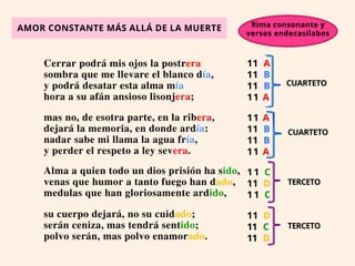 Cerrar podrá mis ojos la postrera
sombra que me llevare el blanco día,
y podrá desatar esta alma mía
hora a su afán ansioso lisonjera;
mas no, de esotra parte, en la ribera,
dejará la memoria, en donde ardía:
nadar sabe mi llama la agua fría,
y perder el respeto a ley severa.
Alma a quien todo un dios prisión ha sido,
venas que humor a tanto fuego han dado,
medulas que han gloriosamente ardido,
su cuerpo dejará, no su cuidado;
serán ceniza, mas tendrá sentido;
polvo serán, mas polvo enamorado.
AMOR CONSTANTE MÁS ALLÁ DE LA MUERTE
CUARTETO
CUARTETO
TERCETO
11 A
11 B
11 B
11 A
11 A
11 B
11 B
11 A
11 C
11 D
11 C
11 D
11 C
11 D
TERCETO
Rima consonante y
versos endecasílabos
 