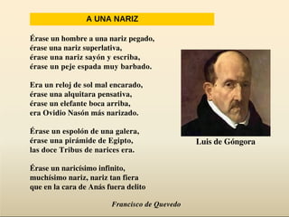 Érase un hombre a una nariz pegado,
érase una nariz superlativa,
érase una nariz sayón y escriba,
érase un peje espada muy barbado.
Era un reloj de sol mal encarado,
érase una alquitara pensativa,
érase un elefante boca arriba,
era Ovidio Nasón más narizado.
Érase un espolón de una galera,
érase una pirámide de Egipto,
las doce Tribus de narices era.
Érase un naricísimo infinito,
muchísimo nariz, nariz tan fiera
que en la cara de Anás fuera delito
Francisco de Quevedo
A UNA NARIZ
Luis de Góngora
 