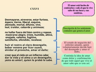 Desmayarse, atreverse, estar furioso,
áspero, tierno, liberal, esquivo,
alentado, mortal, difunto, vivo,
leal, traidor, cobarde y animoso;
no hallar fuera del bien centro y reposo,
mostrarse alegre, triste, humilde, altivo,
enojado, valiente, fugitivo,
satisfecho, ofendido, receloso;
huir el rostro al claro desengaño,
beber veneno por licor suave,
olvidar el provecho, amar el daño;
creer que el cielo en un infierno cabe;
dar la vida y el alma a un desengaño,
¡esto es amor!, quien lo probó lo sabe.
El amor está hecho de
contrarios y solo el que lo vive
sabe de sus luces y sus
sombras.
CXXVI
Descripción de los sentimiento
contrarios que genera el amor.
El estado de negación del
enfermo-amante, quien
voluntariamente decide huir
del desengaño y amar el
daño.
Continúa la idea de amar
como dolor y confirmación
de que todo aquel que vive el
amor sabe que es este así.
 