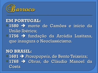 EM PORTUGAL: 1580     morte de Camões e início da União Ibérica; 1756     fundação da Arcádia Lusitana, que inaugura o Neoclassicismo. NO BRASIL: 1601      Prosopopeia , de Bento Teixeira; 1768     Obras , de Cláudio Manoel da Costa 