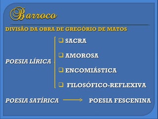 DIVISÃO DA OBRA DE GREGÓRIO DE MATOS POESIA LÍRICA POESIA SATÍRICA  POESIA FESCENINA SACRA AMOROSA ENCOMIÁSTICA FILOSÓFICO-REFLEXIVA 