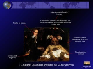 Rembrandt Lección de anatomía del Doctor Deijman
Fragmento salvado de un
incendio
Realizada 23 años
después de “la lección
del doctor Tulp”
Composición completa más tradicional con
protagonista en el centro y cuatro asistentes
a cada lado
Expresividad
de gestos
Pinceladas más
pastosas
Realce de rostros
Historia del Arte
Rosa Mª Vilá Blasco
 