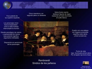 Rembrandt
Síndico de los pañeros
Punto de vista
bajo. Acentuado primer plano
Por el tapete rojo de la mesa
Cinco miembros y en
segundo plano un asistente
Disposición en semicírculo
de los personajes
Estudio psicológico de rostros
y expresividad de manos
(esa posición significa
argumento irrefutable)
Los personajes miran
hacia el espectador,
como si éste hubiese
interrumpido la reunión
Foco potente de
luz superior izquierdo
Cuadro con una atalaya
con hoguera encendida
(significa estar alerta
y tener prudencia)
Sobre fondo marrón
destacan figuras de negro
realzando el rostro iluminado
el cuello blanco
Historia del Arte
Rosa Mª Vilá Blasco
 