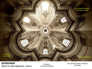 Terminación bóveda
                                                                   en linterna circular




  Pilastras
  en aristas
                                                                        Muros mixtilíneos



BORROMINI                             Excesiva         Se prolonga trazado mixtilíneo
                                                                 a bóveda
Sant´Ivo alla sapienza. Interior   compartimentación
 