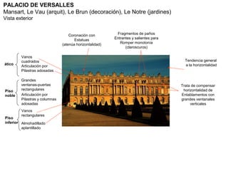 PALACIO DE VERSALLES
Mansart, Le Vau (arquit), Le Brun (decoración), Le Notre (jardines)
Vista exterior


                                   Coronación con         Fragmentos de paños
                                      Estatuas           Entrantes y salientes para
                               (atenúa horizontalidad)      Romper monotonía
                                                               (claroscuros)

        Vanos
        cuadrados                                                                       Tendencia general
ático                                                                                   a la horizontalidad
        Articulación por
        Pilastras adosadas

        Grandes
        ventanas-puertas                                                              Trata de compensar
Piso    rectangulares                                                                  horizontalidad de
noble   Articulación por                                                              Entablamentos con
        Pilastras y columnas                                                          grandes ventanales
        adosadas                                                                           verticales
        Vanos
        rectangulares
Piso
inferior Almohadillado
         aplantillado
 