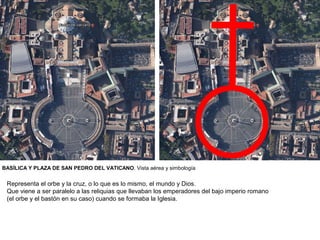 BASÍLICA Y PLAZA DE SAN PEDRO DEL VATICANO. Vista aérea y simbología

 Representa el orbe y la cruz, o lo que es lo mismo, el mundo y Dios.
 Que viene a ser paralelo a las reliquias que llevaban los emperadores del bajo imperio romano
 (el orbe y el bastón en su caso) cuando se formaba la Iglesia.
 