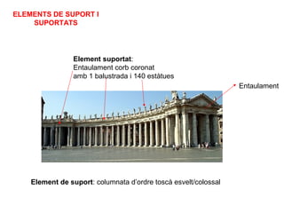 Element de suport: columnata d’ordre toscà esvelt/colossal
Element suportat:
Entaulament corb coronat
amb 1 balustrada i 140 estàtues
ELEMENTS DE SUPORT I
SUPORTATS
Entaulament
 