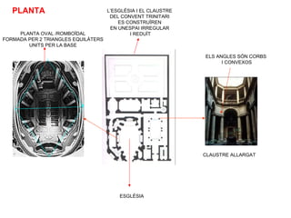 L’ESGLÉSIA I EL CLAUSTRE
DEL CONVENT TRINITARI
ES CONSTRUÏREN
EN UNESPAI IRREGULAR
I REDUÏT
CLAUSTRE ALLARGAT
ELS ANGLES SÓN CORBS
I CONVEXOS
PLANTA OVAL /ROMBOÏDAL
FORMADA PER 2 TRIANGLES EQUILÀTERS
UNITS PER LA BASE
PLANTA
ESGLÉSIA
 